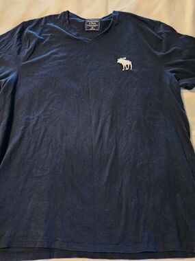 Abercrombie & Fitch Men's Navy V-Neck Tee with Moose Logo